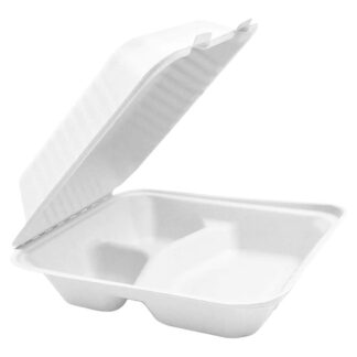 Globe Take Out Compostable 3 Compartment Hinged Containers, 9x9x3.25 in., 50/Pack (6015)